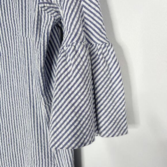 Kim and Proper XXS Blue White Seersucker Striped Short Bell Sleeve Dress Cotton - Picture 5 of 11